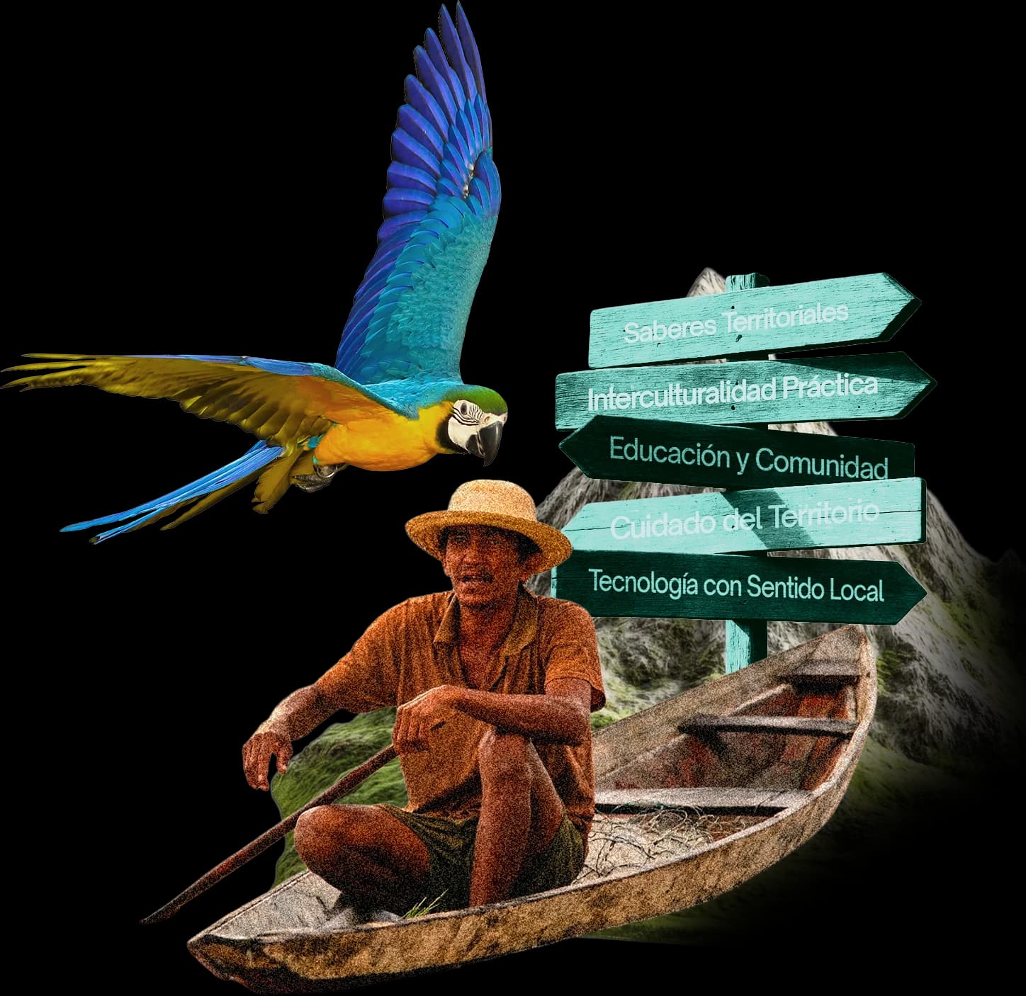 Hombre en canoa con guacamaya y señales de saberes del territorio