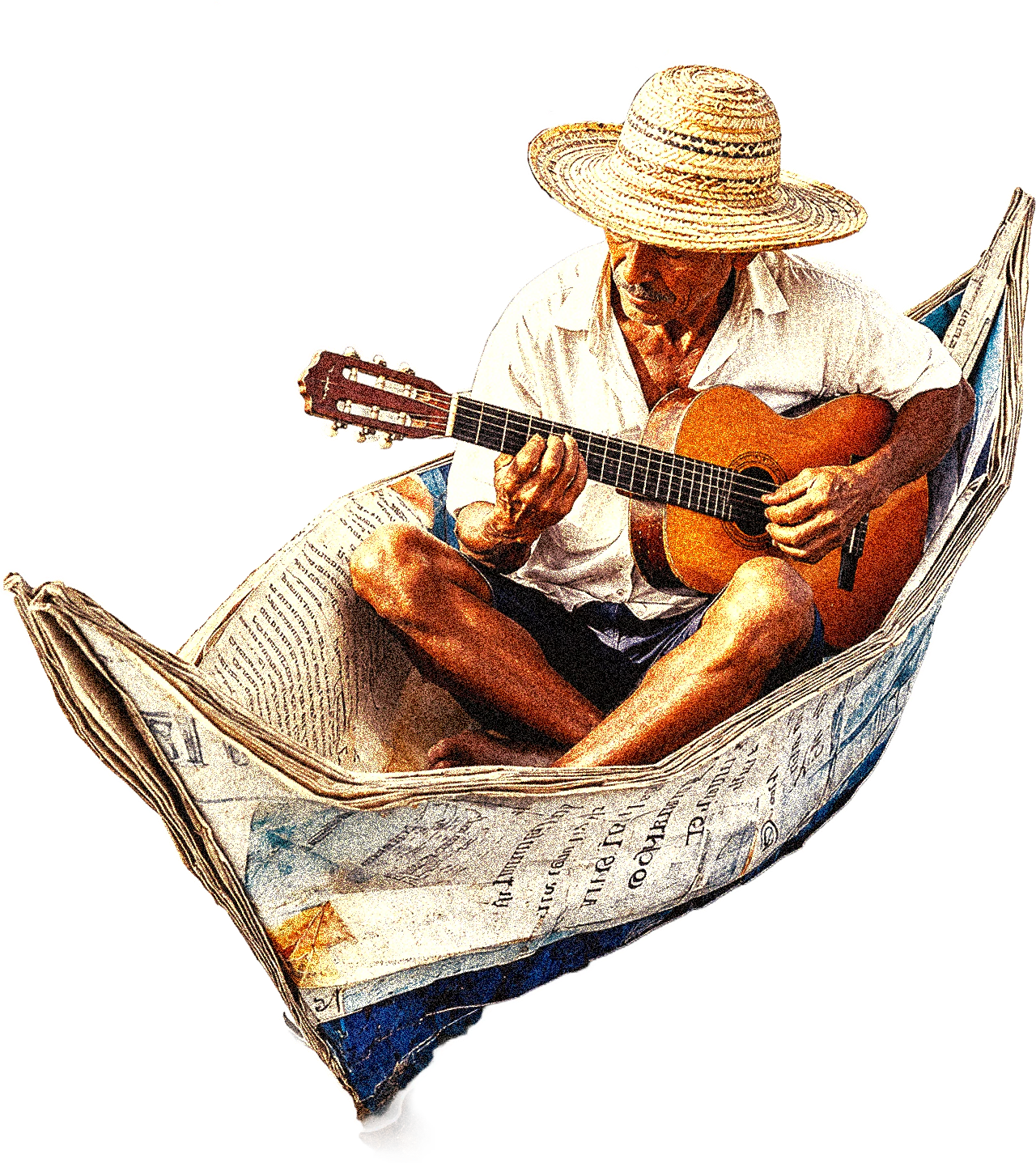 Hombre tocando la guitarra dentro de una canoa de papel periódico