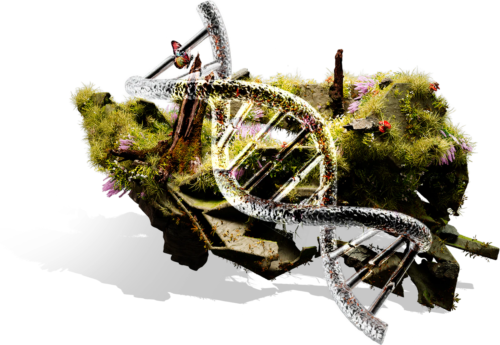 Hélice de ADN plateada sobre un fragmento de tierra con vegetación