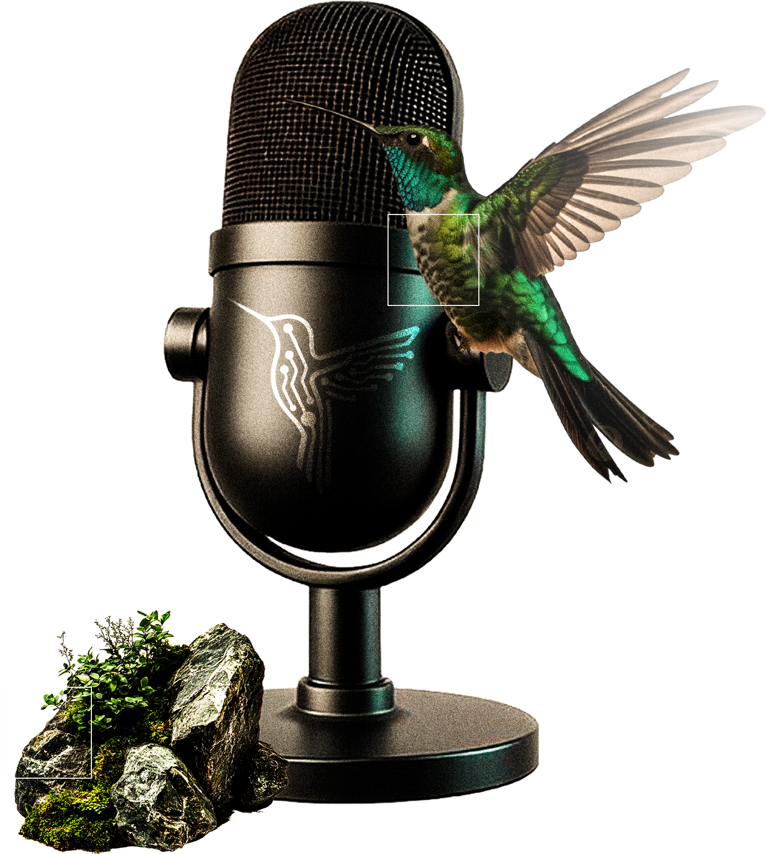 Micrófono de estudio con un colibrí y una roca con musgo